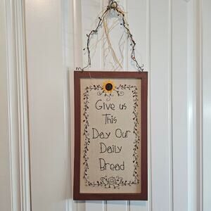 Vtg Needlepoint Prayer Picture Give Us This Day Our Daily Bread Rustic Religious
